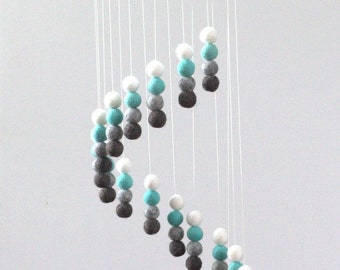 Spiral Felt Ball Mobile- Turquoise, Charcoal, Gray, White- Nursery Childrens Room Pom Pom Mobile Garland Decor