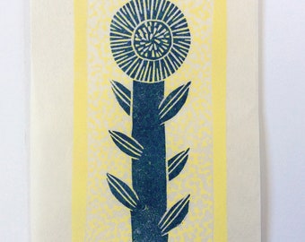 mini linocut - FLOWER // 4x6 art print // printmaking // block print // nature art // blue, yellow // daisy // original // small, miniature