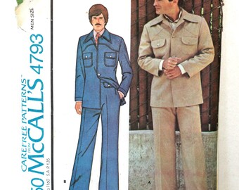 Men's Sewing Pattern Vintage 70's | McCall's #4793 | 70s Men's Fashion Leisure Suit Pattern Bell Bottom Pants Sz 40 | Partially Cut Complete