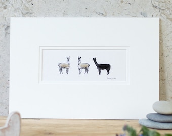 Print, 3 fluffy alpacas, hand finished with alpaca wool