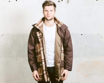 Vintage PLAID WOOL Coat . Mens 1990s Oversized Outerwear Hooded Coat Winter Jacket Brown Jacket 90s . size XL Extra Large