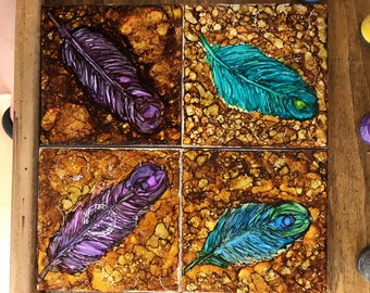 Feather Ceramic Tile Coasters (Set of 4)