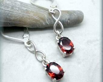 Oval Garnet Earrings, Sterling Silver, January Birthstone, January Birthday Gift for Her, Leverback Earrings, Infinity Knot, Gemstone
