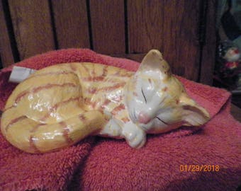 Orange Tabby Ceramic Sleeping Cat Hand Painted