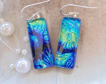 Dichroic Earrings, Blue, Green, Gold, Dichroic Glass Earrings, Fused Glass Jewelry, Dangle, A6