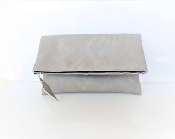 Vegan leather clutch, Leather clutch purse, Light gray clutch, Zipper clutch, Foldover clutch, Dove gray clutch