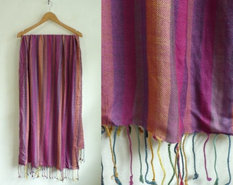 striped scarf, colorful scarf, large scarf, lightweight rayon scarf, fringe scarf, fall scarf, winter scarf, stripes, purple blue gold pink