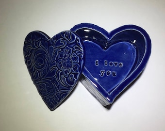 I love you, cobalt blue heart-shaped jewelry box