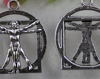 Silver charm Leonardo da vinci man The Vitruvian Man body circle pendant art renaissance jewelry findings supplies drw500 quantity two