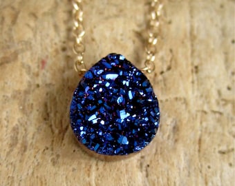 Blue Druzy Necklace Titanium Drusy Quartz 14K Gold Fill Chain