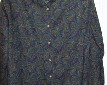 Shirt Medium, 12 - 14 Paisley Long Sleeved Deep Green Cotton Shirt. Dazzling Smart Vintage Find.