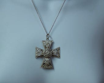 Vintage 800 Silver Filigree Cross Pendant and Sterling Chain
