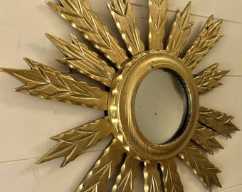 Vintage sunburst Wood carved Wall mirror 1960's
