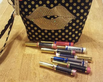 Distributors wristlet bag for LipSense,direct sales purse, black gold poke a dots, holds 22 lipsticks & additional supplies, gold lips