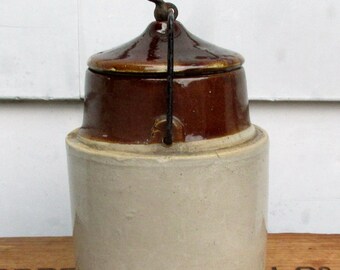 Antique Stoneware Crock with Lid and Steel Balled Bail