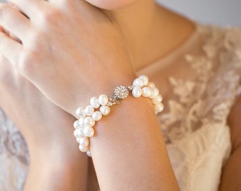Wedding Bracelet, Freshwater Pearl Bridal Jewelry, Bridal Bracelet with matching earrings, Pearl Bracelet & Earrings