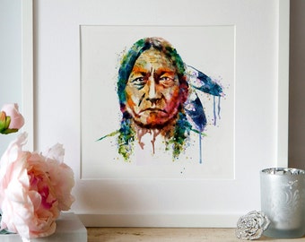 Sitting Bull watercolor painting, instant download, native american art, Indian chief,wall art,square print,splatter,aquarelle,printable art