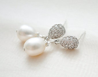 Freshwater Pearl Bridal Earrings Vintage Style, Pearl Wedding Earrings Dangle, Pearl Drop Earrings, Wedding Jewellery