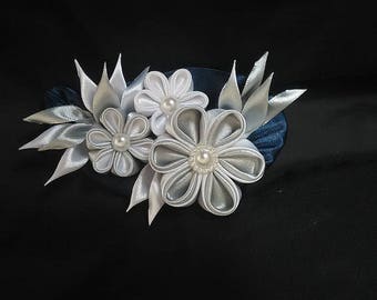 Kanzashi brooch, Fabric brooch, Flower brooch, White and grey pin, Fabric flower pin