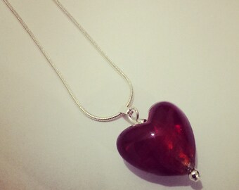 Red heart necklace glass foil lined heart on silver snake chain with silver plated beads