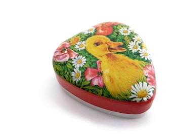 Vintage Italian Tin Box - Retro Licorice Candy Metal Box - Heart Shape - Duckling and Flowers - Perfetti / Italy