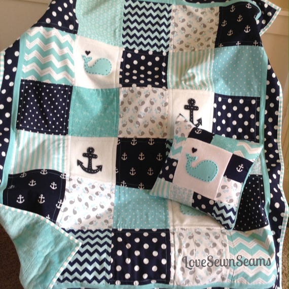 Nautical Baby quilt/Aqua Navy and White/HANDMADE in USA/Pillow