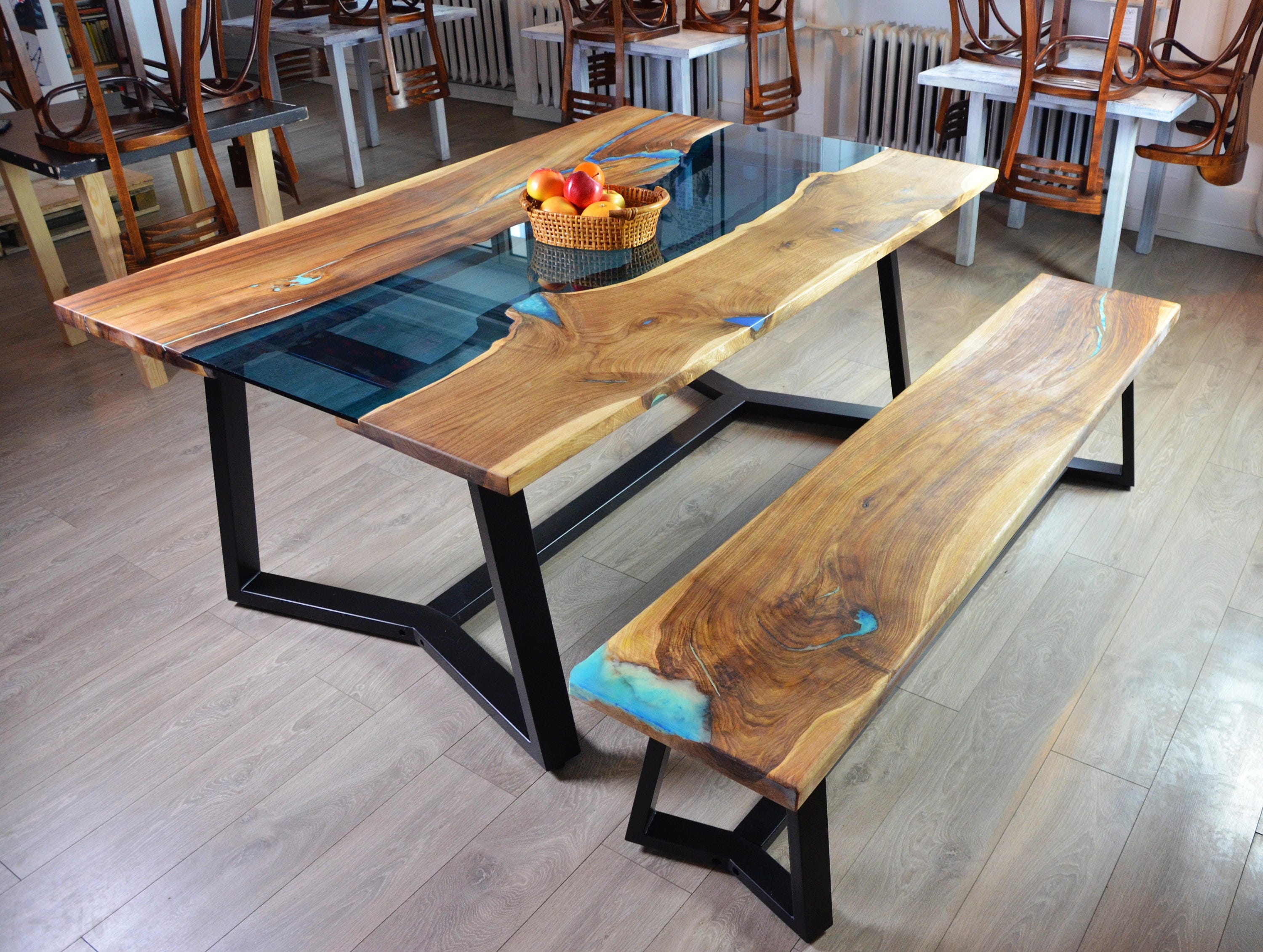 Live edge river dining table with bench and glowing resin fill