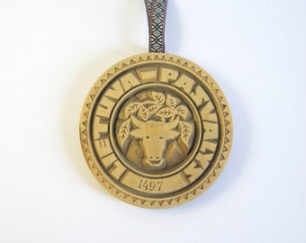 Vintage Carved Wood Plaque - Pasvalys Lietuva Coat of Arms - Bull Wall Decor - European Folk Art - Lithuanian Souvenir - Wood Medallion Art