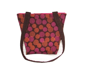 Polka Dot Purse, Small Tote Bag, Brown Fabric Bag, Cloth Purse, Handmade Handbag, Pink, Orange Polkadots, Teen Purse, Shoulder Bag