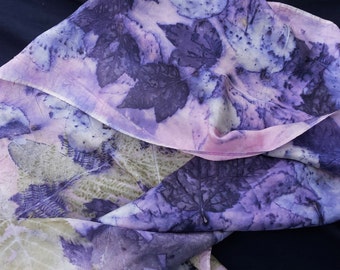 Silk Scarf, ECO-printed with fall leaves in all natural colors, by artist, totally organic & renewable, 8" x 54" FREE ship USA