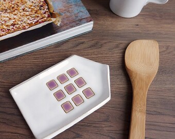 white spoon holder, white ceramic spoon rest, pottery spoon rest, kitchen decor, cup coaster