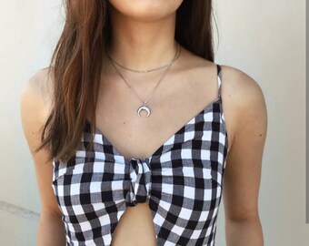 Silver Moon Necklace | Silver Horn Necklace | Layering Necklace Boho Necklace Double Horn Necklace Moon Charm Boho Jewelry crescent moon