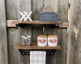 DARK WALNUT Industrial Rustic Towel Rack, Holder with Wood Shelf, Kitchen Towel Bar, Rustic Wall Decor, Bathroom, Kitchen, Pipe Shelf, Gift