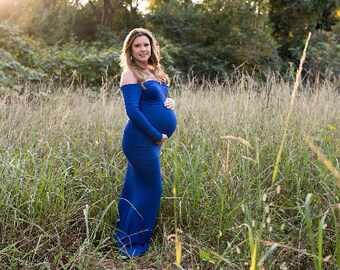 Maternity Dress-Maternity Gown for Baby Shower-Royal Blue Maternity Dress Long Sleeves-Fitted Maternity Gown for Photo Shoot-PENELOPE Gown
