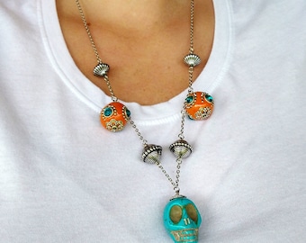 Day of The Dead Skull Necklace and Earring Set - skull necklace - dia de los muertos jewelry - skull jewelry