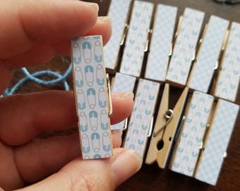 Boy Baby First Baby Shower - Blue Diaper Pins and Gingham Chunky Little Clothespin Clips w Twine for Display - Set of 12 - Gifts Under 10