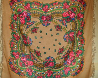 SALE! Big Ivory Folk SCARF Large Ukrainian Shawl Ethnic Russian Shawl, Floral Shawl, Cream, Beige Shawl, Shawl With Tassels.Wool, Acrylic.