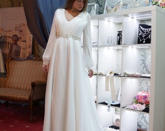 Bohemian wedding dress, chiffon wedding dress, Empire Waist Wedding dress