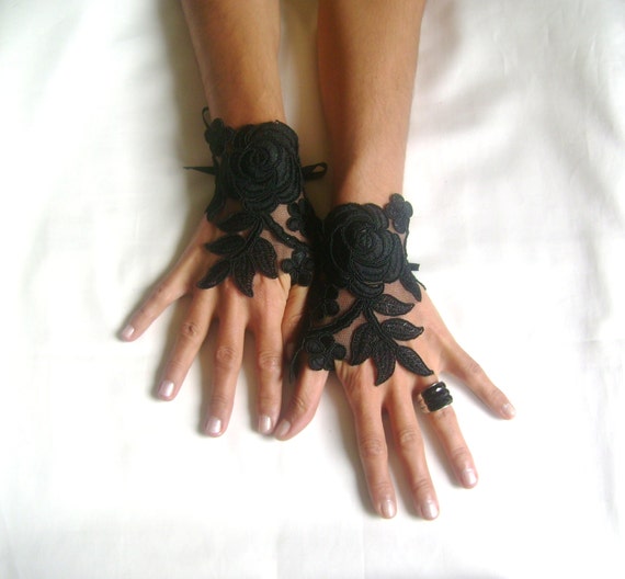 Black Wedding gloves happiness rose bridal gloves fingerless lace gloves Unique design french lace gloves