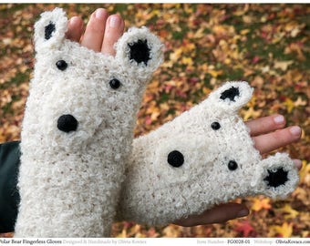 Polar Bear Fingerless Gloves (Boucle) ~ Handmade