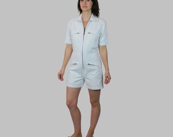 White Romper Women/ White Coveralls/ White Jumpsuit Vintage/ Romper Shorts Small