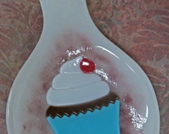 Spoon Rest - Glass Spoon Rest - Cupcake Glass Spoon Rest - Blue, Lilac, White Spoon Rest
