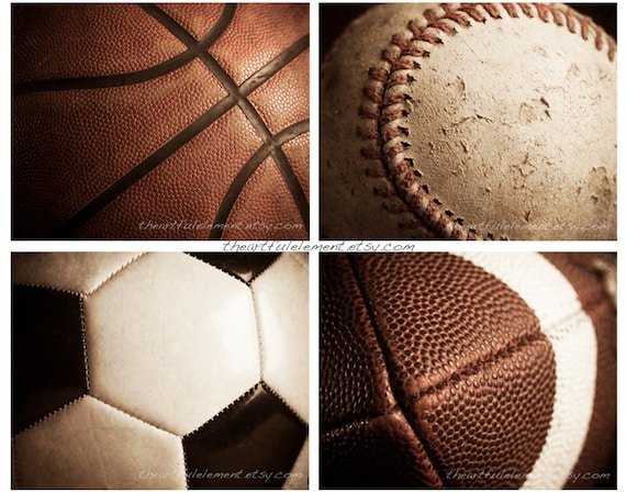 Sports decor, Teen boys room wall art, Man cave decor, Sports gifts, Vintage style,Set of 4 prints // Basketball, Football, Baseball, Soccer