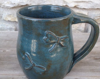 Dragonfly pottery mug with two dragonflies, wheel thrown pottery