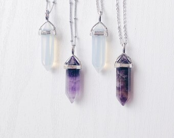 Gemstone Point Pendant Necklace | Amethyst Point Necklace | Satellite Chain Necklace | Opalite Bohemian Necklace