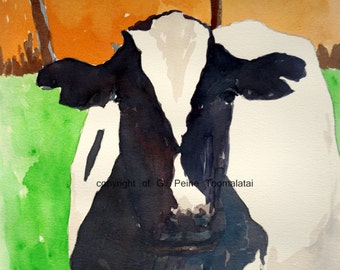 Cow painting Cow original watercolor painting Black and white cow art Holstein cow painting
