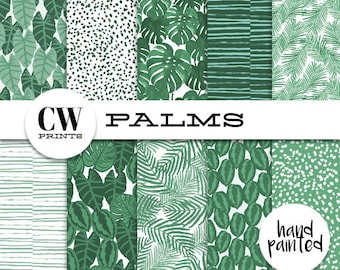 Palm Prints Digital Paper Pack: 12x12 inch paper, 10 painted palms, palm print, banana palms, Digital Background Paper, Digital Printables,