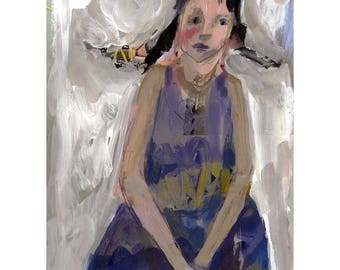 SALE Girl purple original art painting illustration figurative people portrait paper acrylic