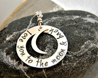 love you to the moon and back, hand stamped sterling