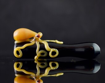 Octopus Chillum / Large Bat Pipe / Pyrex Pipe / Heady Glass / High Quality / Thick Wall Glass / Black & Light Topaz / Ready to Ship #550